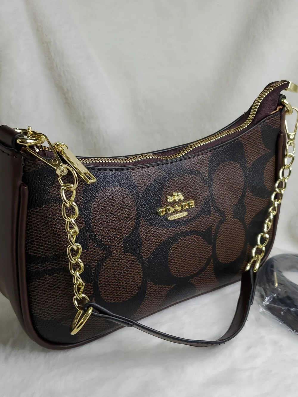 Brown Signature Canvas Shoulder Bag with Gold Chain Inspir@d Luxury Bag